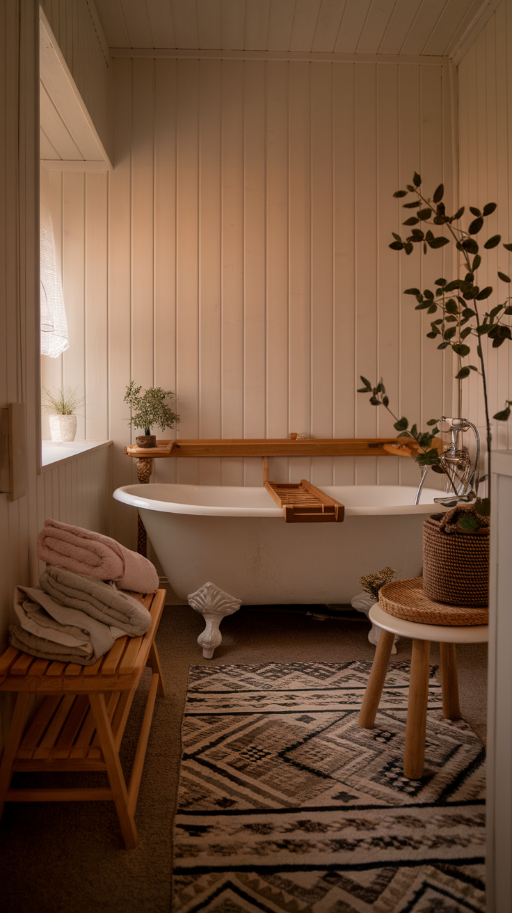 A cozy bathroom featuring a vintage tub, soft towels, and plants, promoting warmth and comfort.