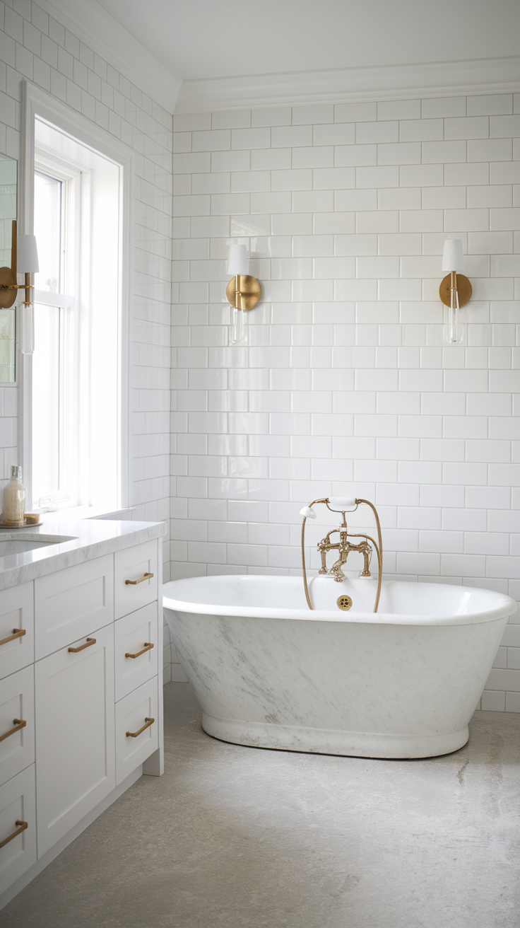 A stylish freestanding bathtub in a modern bathroom with white tiled walls and gold fixtures.