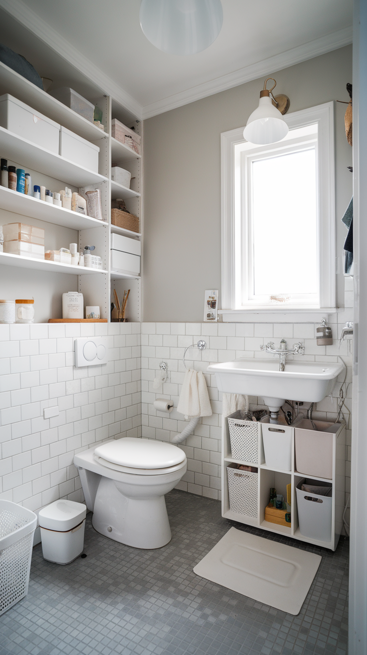 A well-organized bathroom with functional storage solutions, including shelves and baskets.