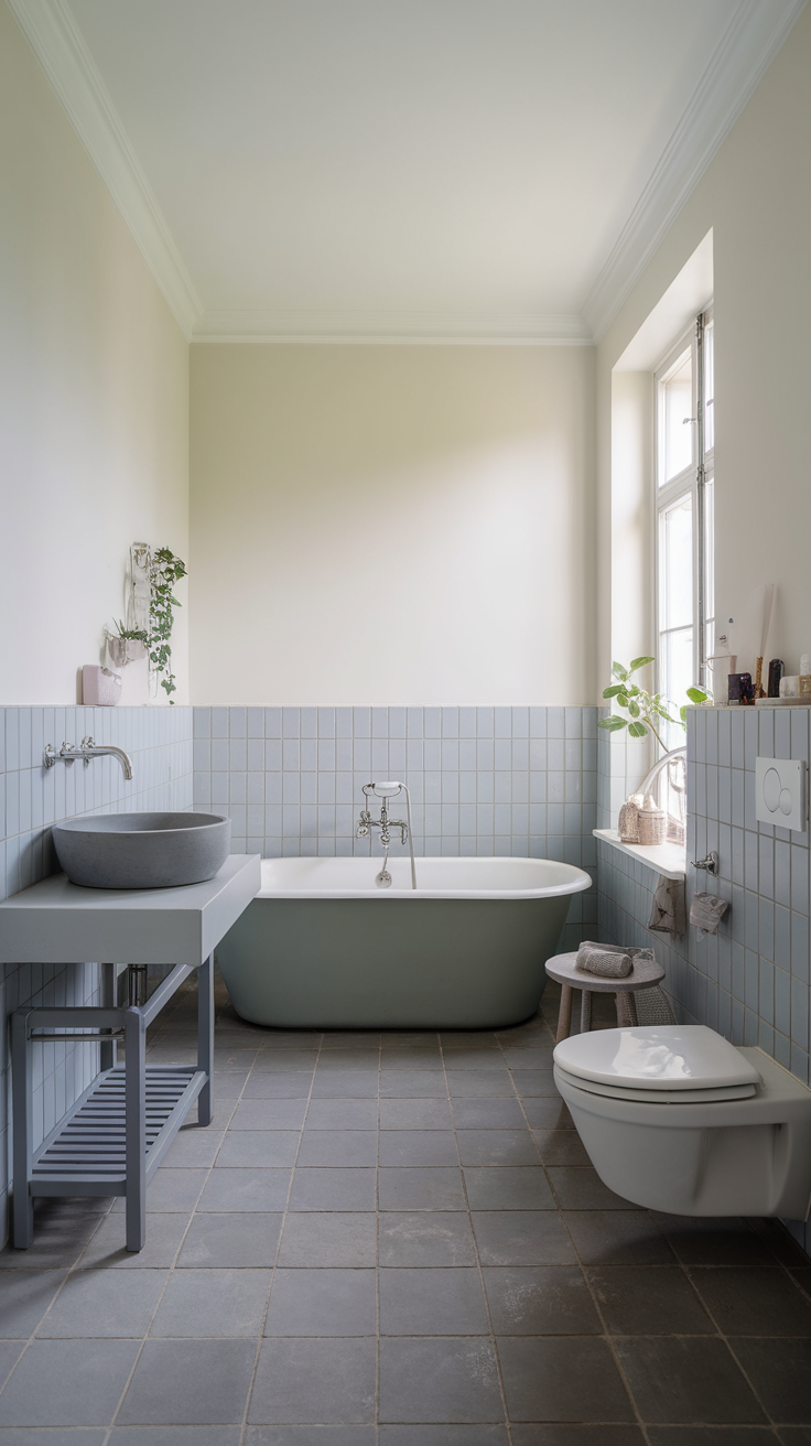 A serene bathroom with light blue and grey tiles, a freestanding tub, and a minimalist design.