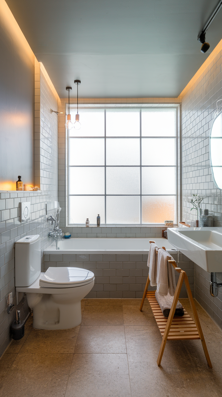 A bright and modern bathroom featuring innovative lighting solutions.