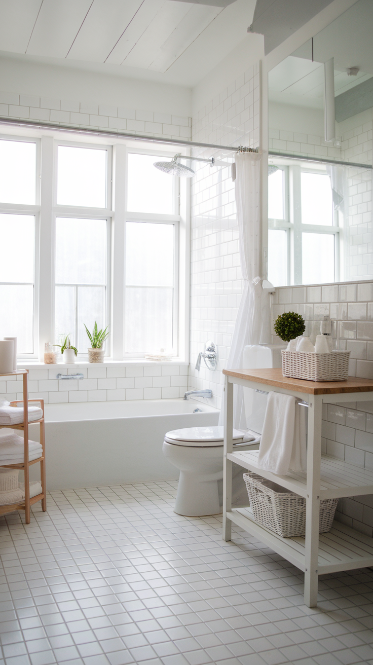 A light and airy bathroom with white tiles, large windows, and plants.