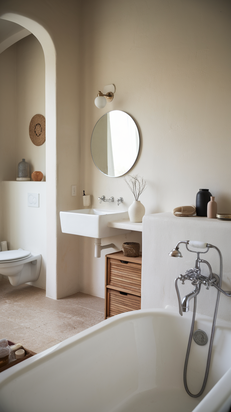 A minimalist Scandinavian bathroom featuring a clean design with soft colors, natural materials, and simple decor.