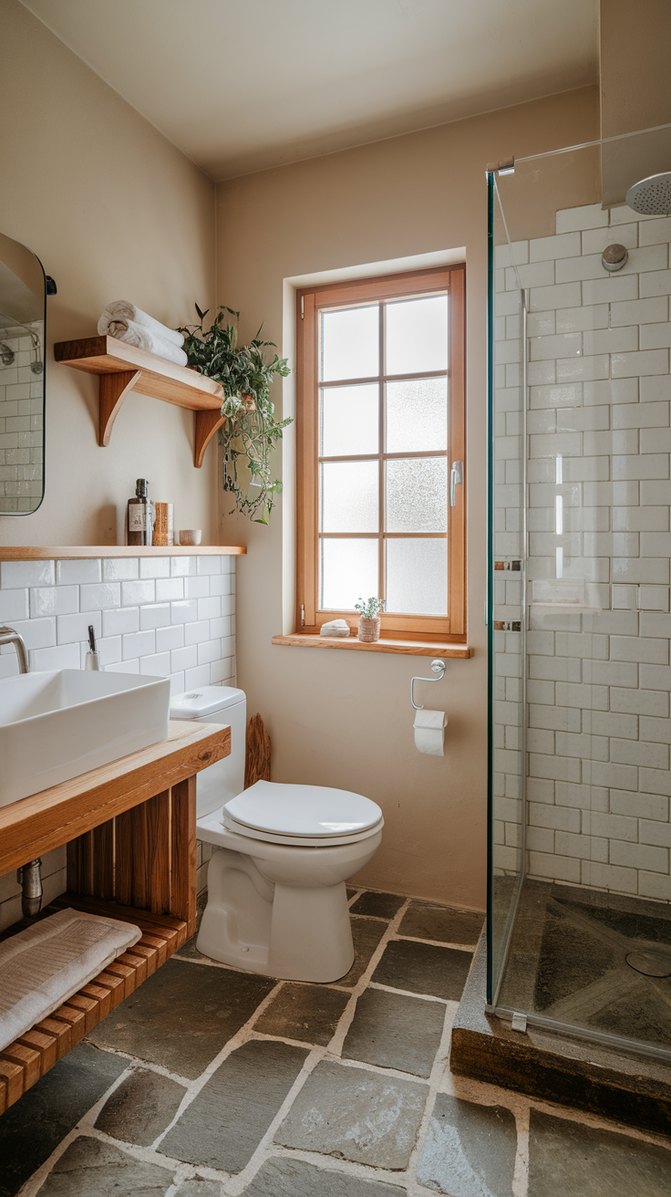 A cozy bathroom featuring stone flooring, wooden shelves, and a glass shower.