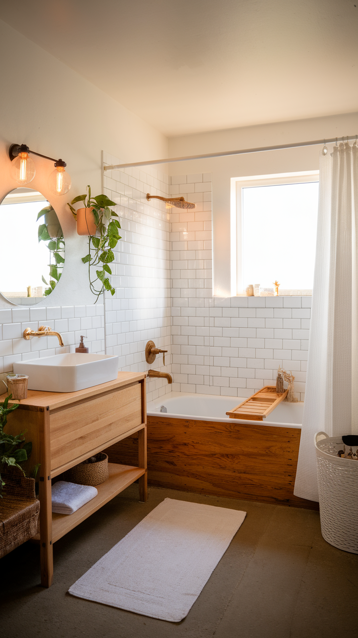 A stylish bathroom with eco-friendly features, including natural materials and plants.